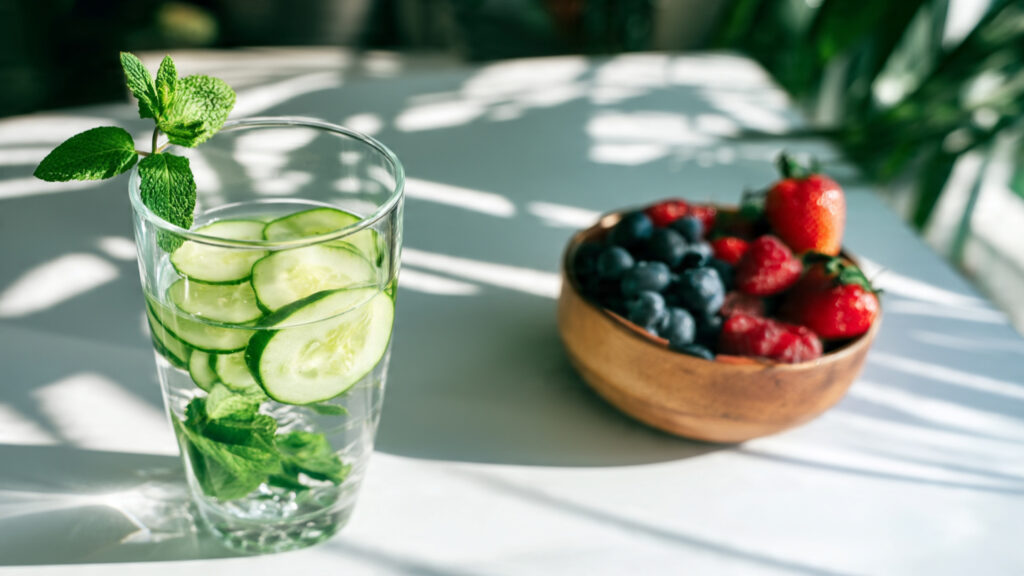A refreshing glass of cucumber water and berries for skin hydration.