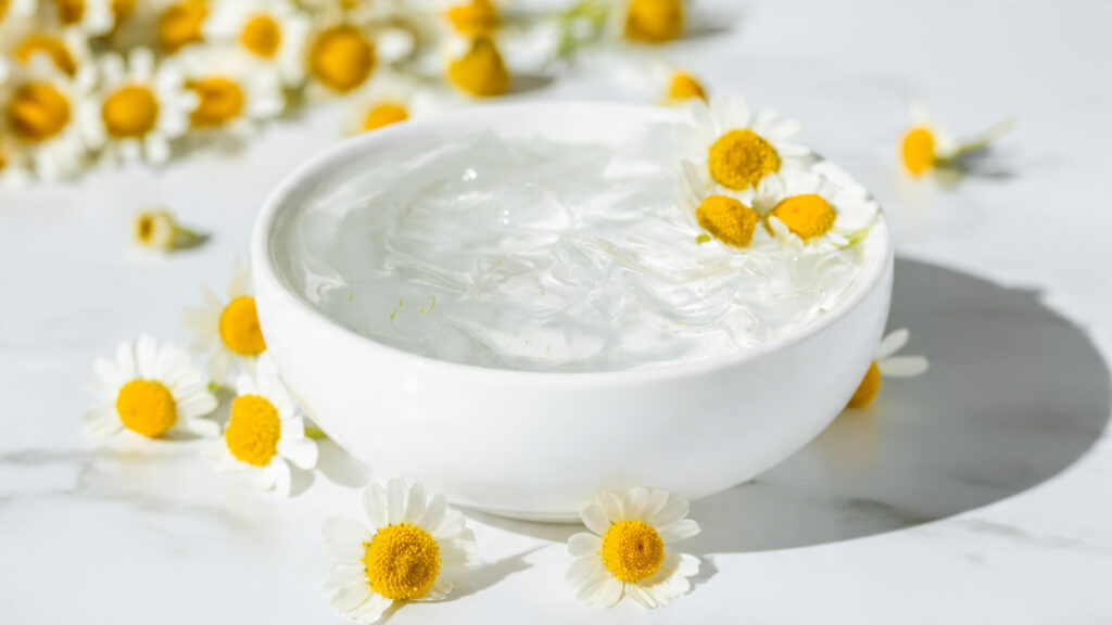 Organic aloe vera gel and fresh chamomile flowers for calming sensitive skin