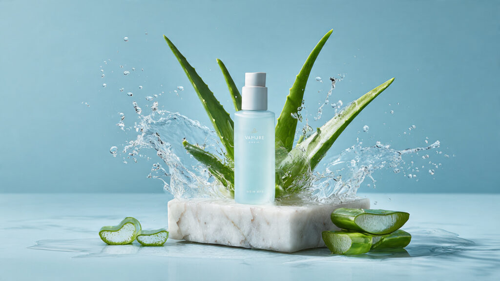 First, a white lotion bottle sits beautifully among pure water drops