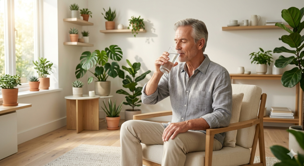 man drinking a tall clear glass of pure fresh water,Sugar and skin nerve pain