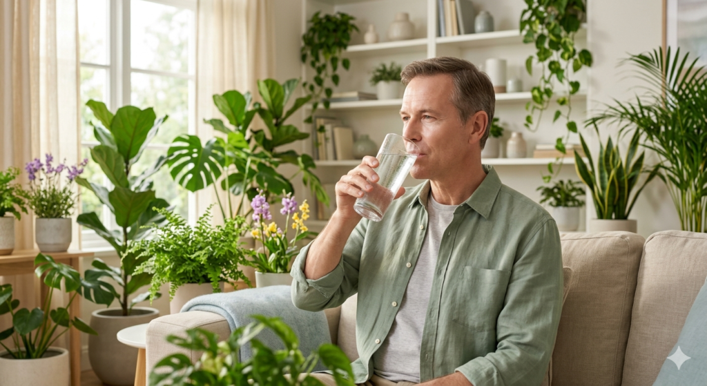 man drinking a tall glass of fresh pure water,Caffeine and skin