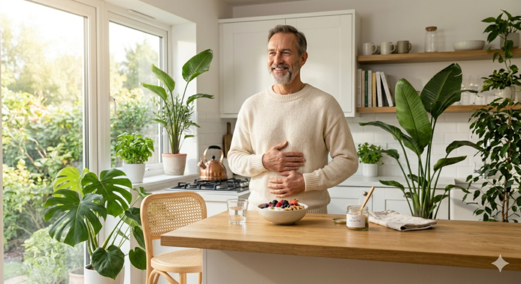 man holding his stomach gently,Gut brain skin axis