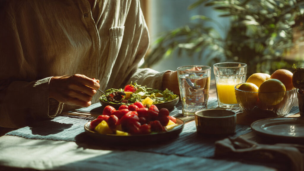 person breaking fast with healthy colorful foods like fruits