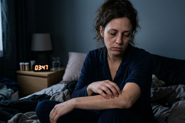 poor sleep woman gently scratching her dry arm