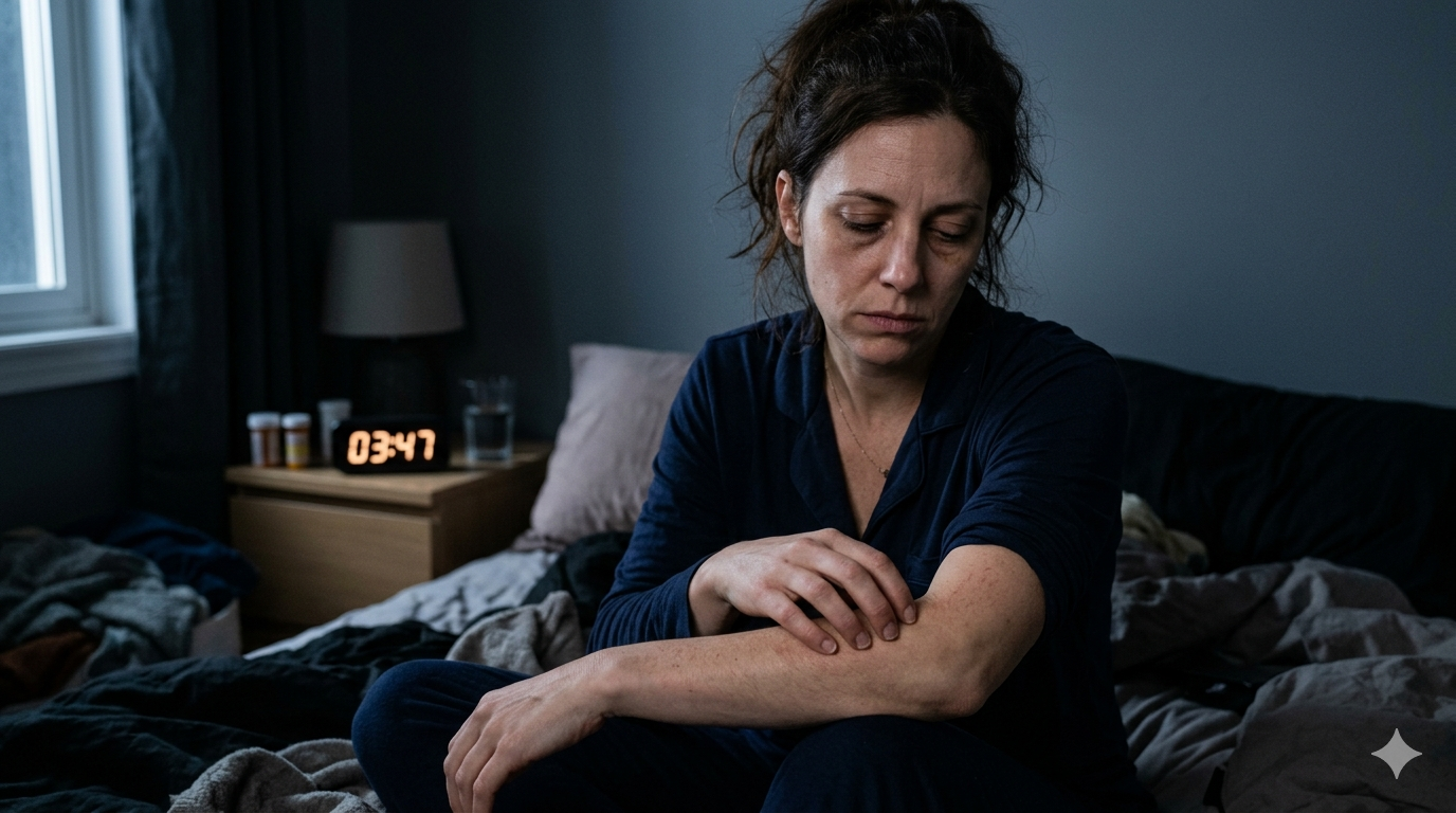 poor sleep woman gently scratching her dry arm