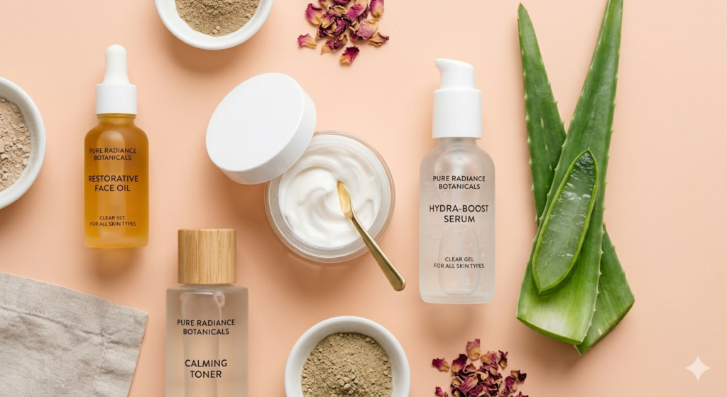 Different pure skincare moisturizers including thick cream and clear gel on a soft pastel peach background.