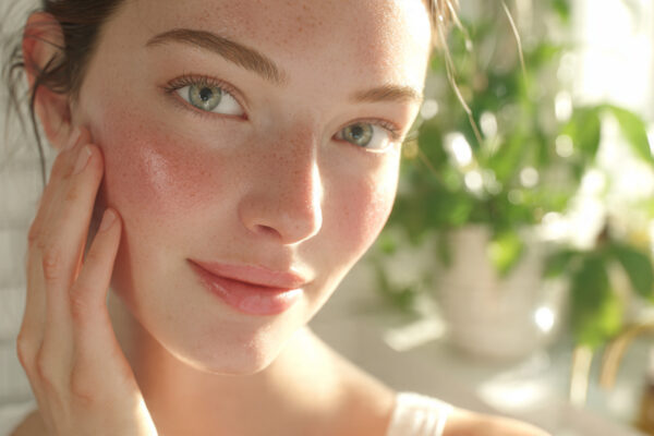 serene photorealistic image of a woman gently appl