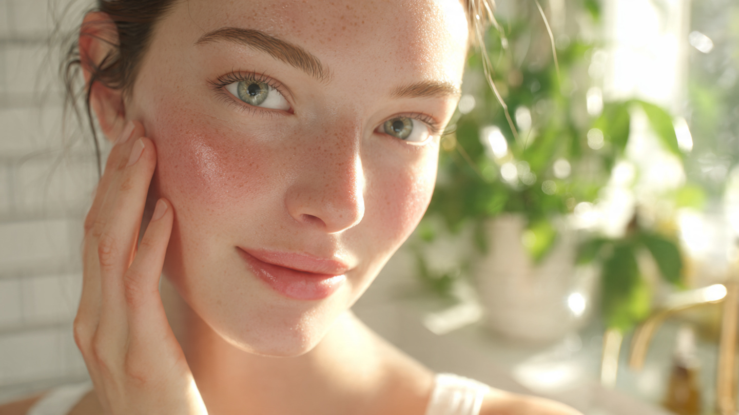 serene photorealistic image of a woman gently appl