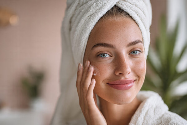 A happy young woman applying light clear gel moisturizer to her completely fresh and clean face in a bright modern bathroom.