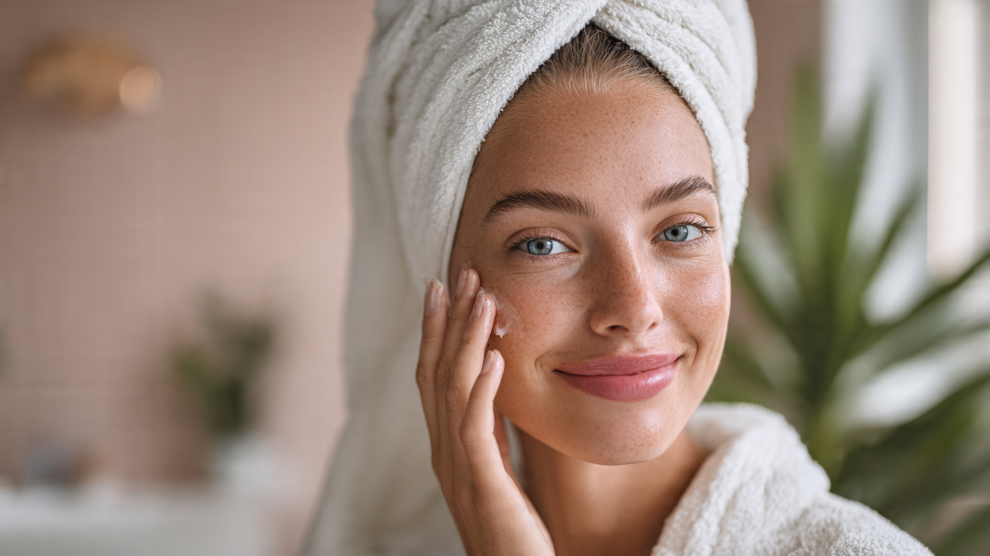 A happy young woman applying light clear gel moisturizer to her completely fresh and clean face in a bright modern bathroom.