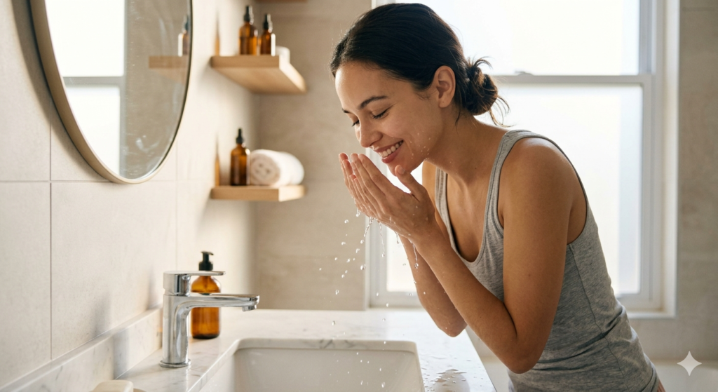 First, a beautiful happy woman gently washes her completely clear face in a bright modern sunlit bathroom