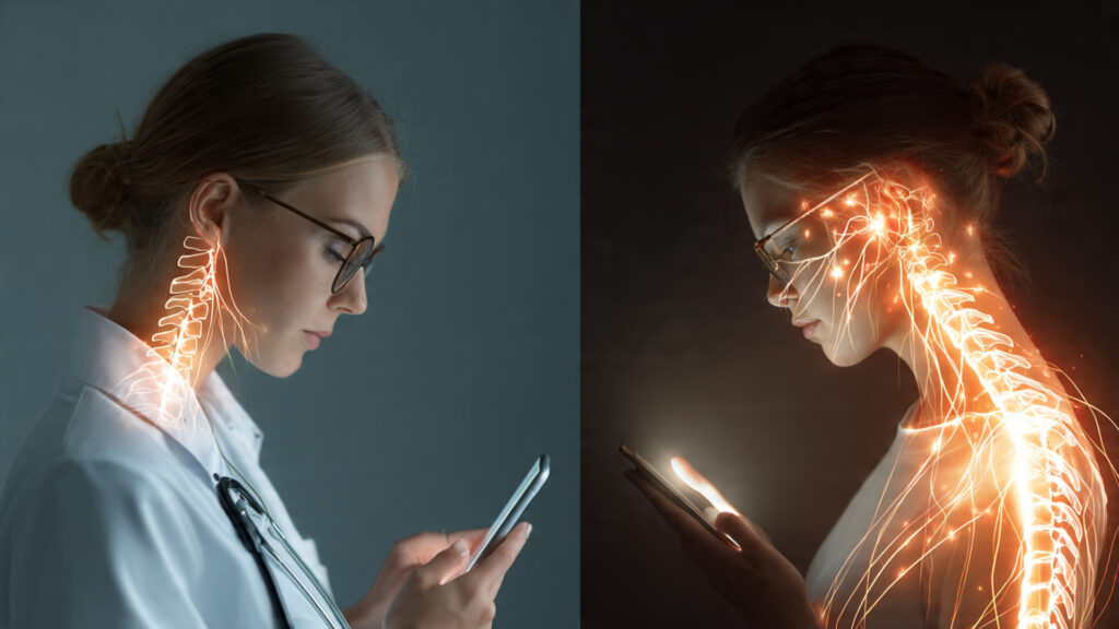 showing poor posture vs correct posture while using a smartphone
