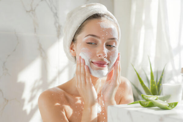 A happy young woman gently washing her calm and clear face with a soft mild cleanser in a bright modern bathroom