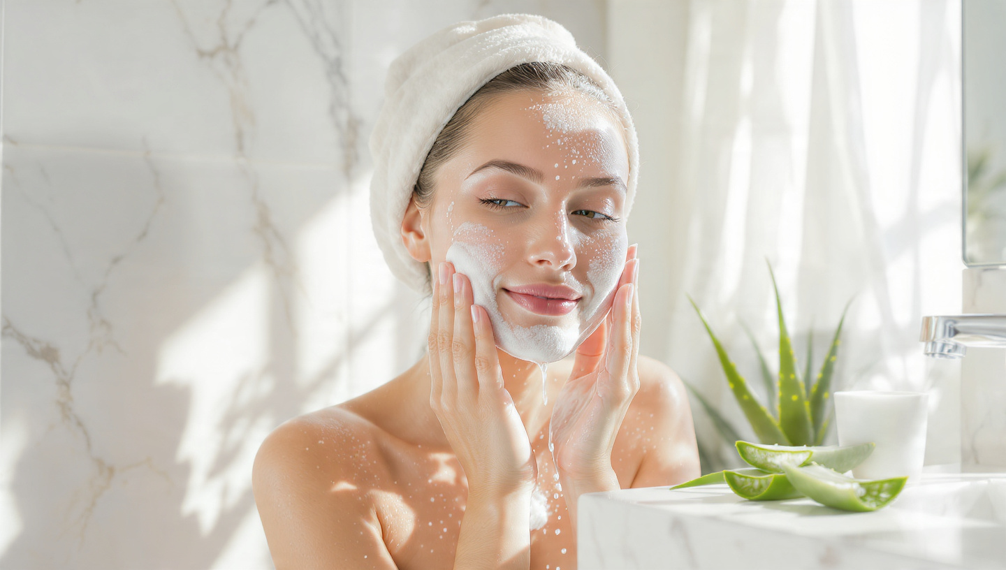 A happy young woman gently washing her calm and clear face with a soft mild cleanser in a bright modern bathroom