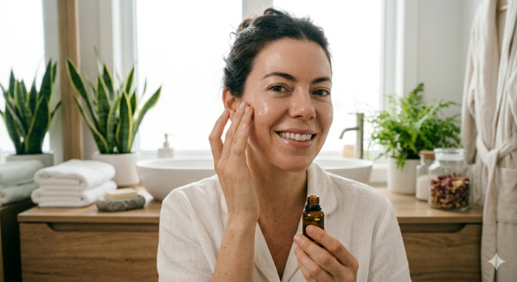 smiling woman applying facial oil with her fingertips