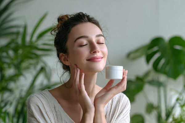 First, a smiling happy woman holds pure ceramide cream naturally