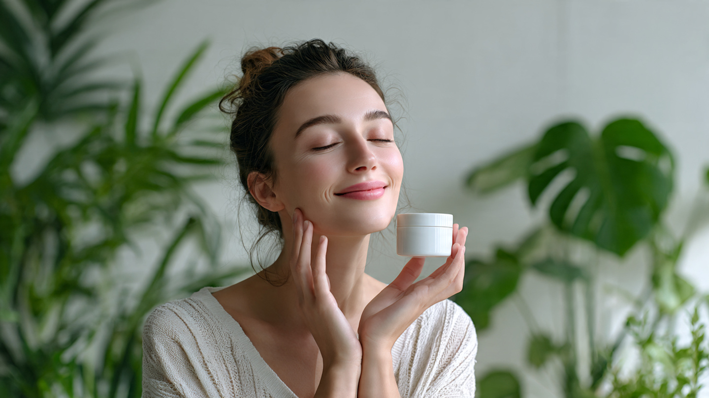 First, a smiling happy woman holds pure ceramide cream naturally