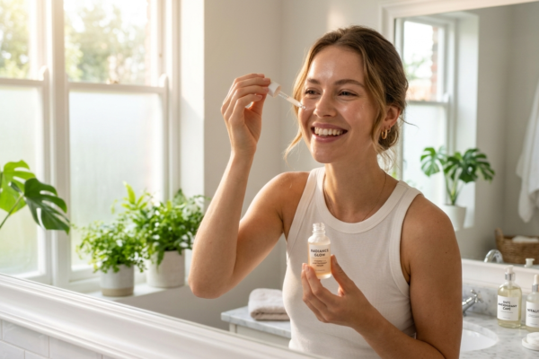 woman applying a soft glowing vitamin face serum,Antioxidants for skin
