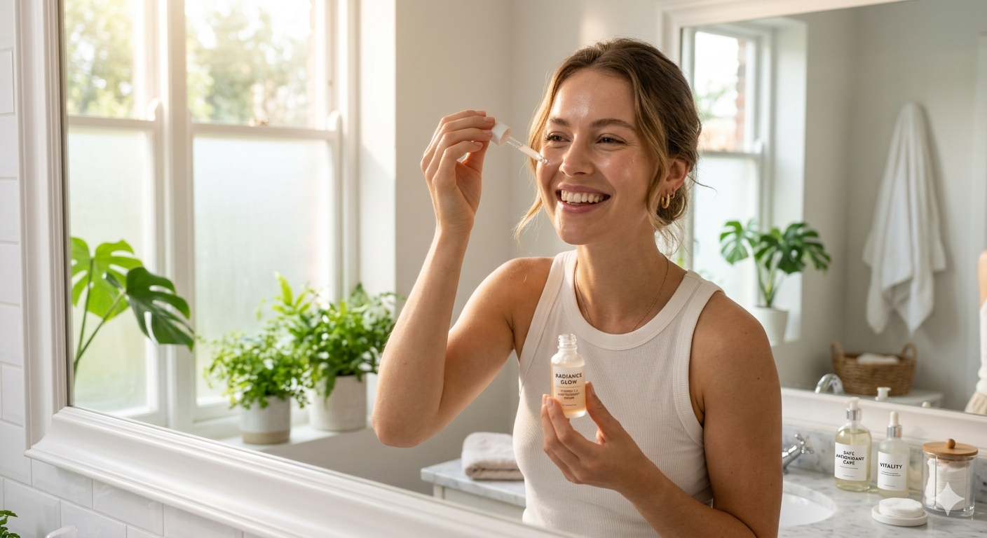 woman applying a soft glowing vitamin face serum,Antioxidants for skin