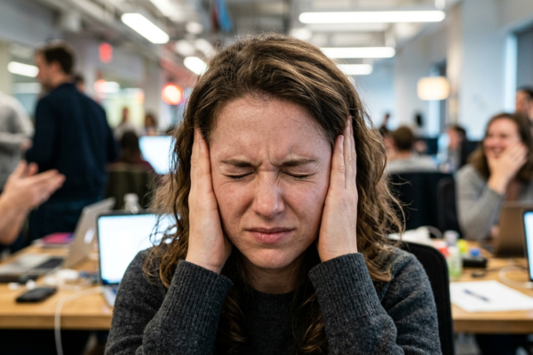 woman covering her ears in a busy,sensory overload