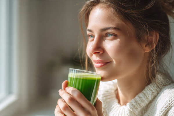woman drinking a glass of fresh, vibrant green juice