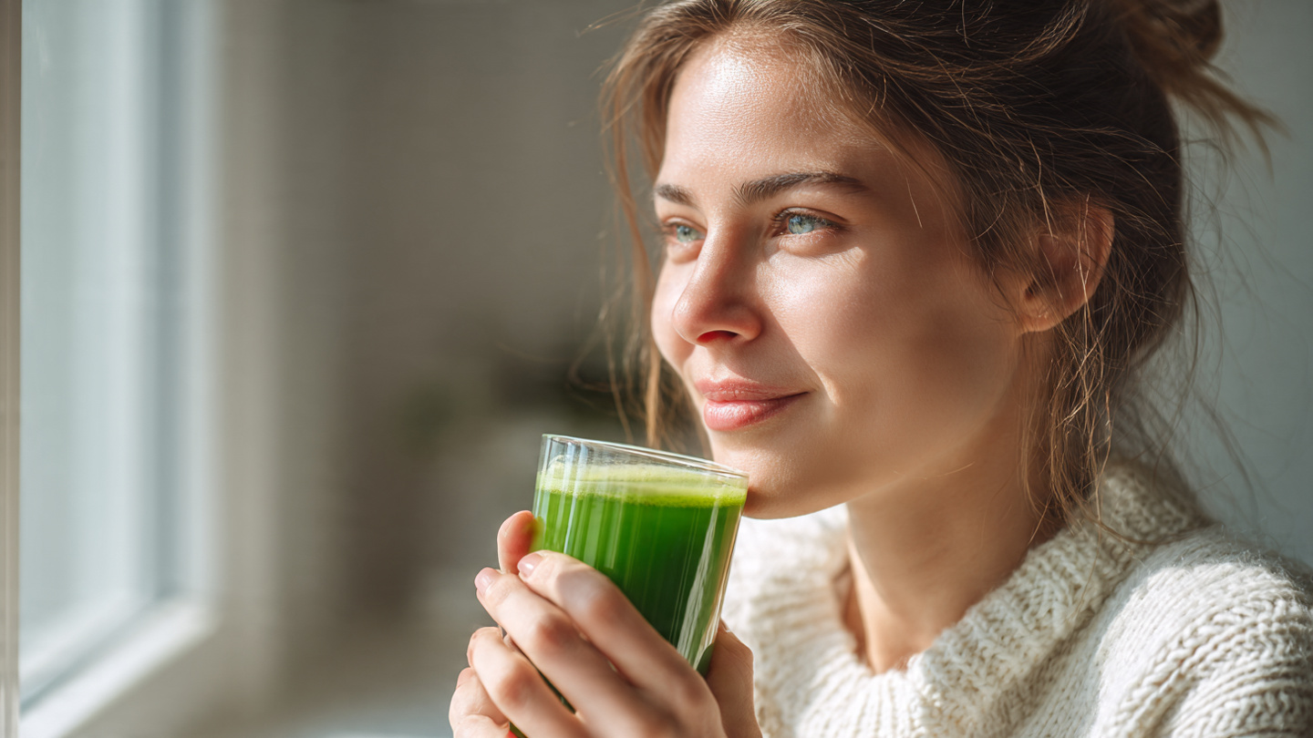woman drinking a glass of fresh, vibrant green juice