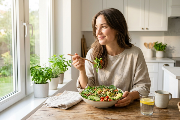 woman eating a big fresh green salad,skin nerves