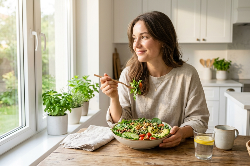 woman eating a big fresh green salad,skin nerves