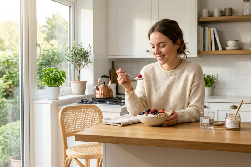 woman eating a bowl of fresh natural yogurt,Gut brain skin axis