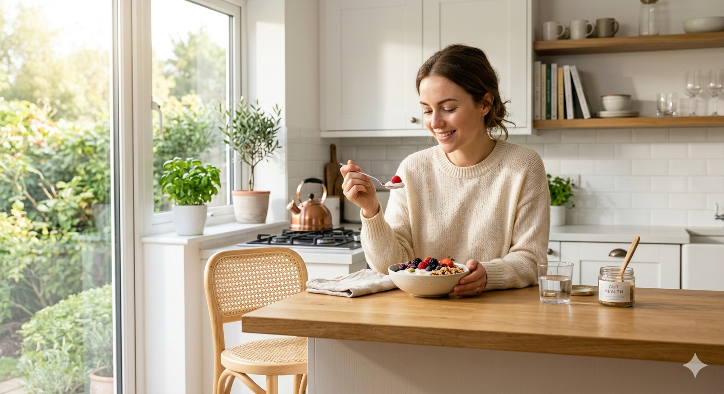 woman eating a bowl of fresh natural yogurt,Gut brain skin axis