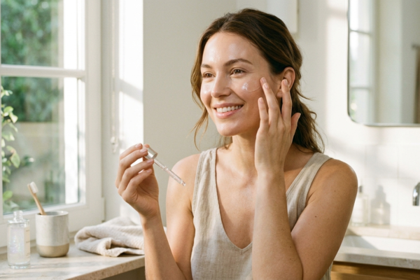 woman gently applying a clear glowing serum to her flawless