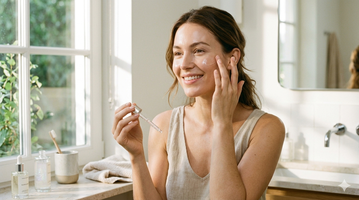 woman gently applying a clear glowing serum to her flawless