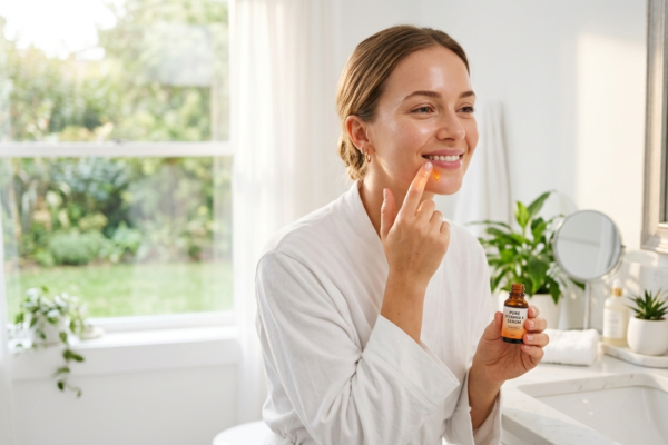woman gently applying a drop of pure glowing vitamin C