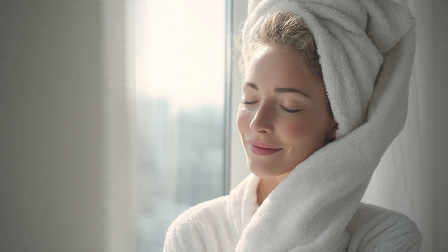 woman gently holding a highly soft, pure white cotton towel near her face