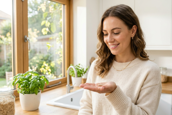 woman gently holding a small natural supplement pill,skin sensations