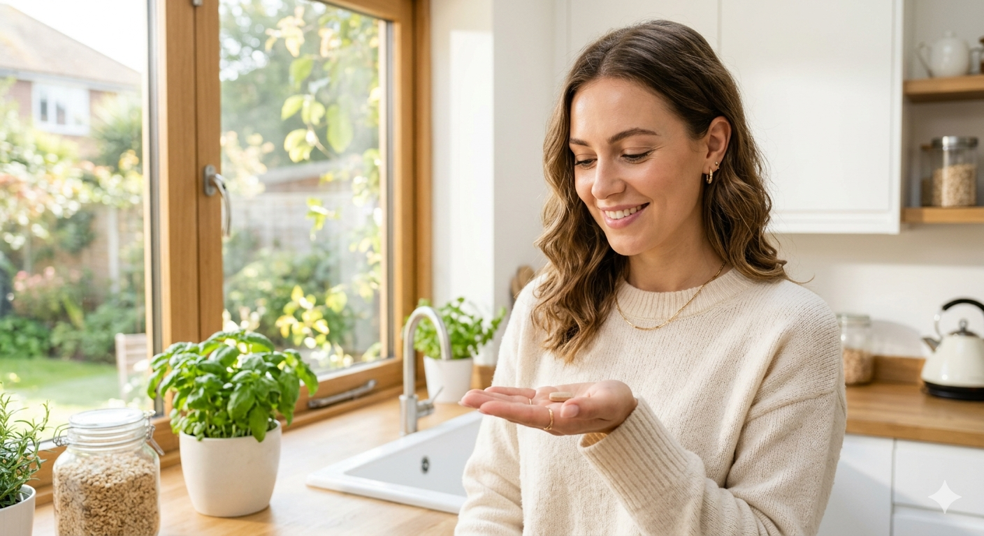 woman gently holding a small natural supplement pill,skin sensations