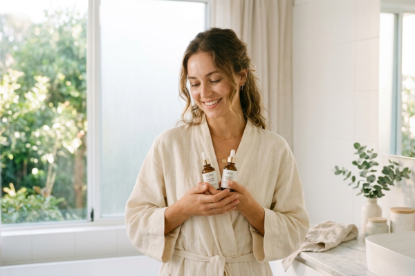 woman gently holding two small glass dropper bottles of natural skin serums