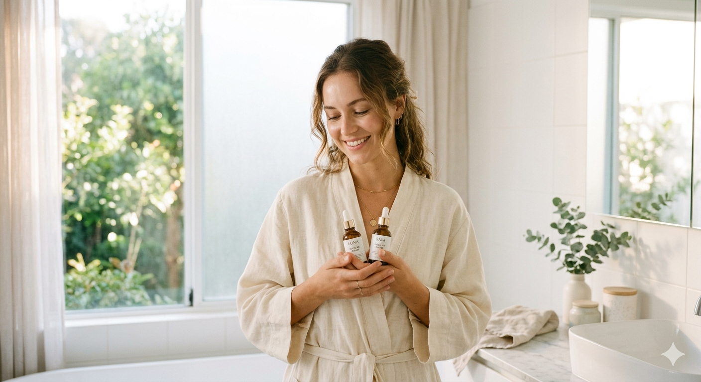 woman gently holding two small glass dropper bottles of natural skin serums