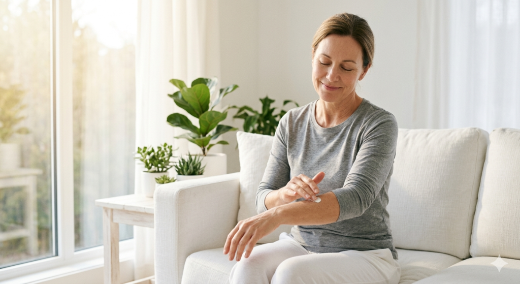 woman gently massaging a small drop of natural soothing cream