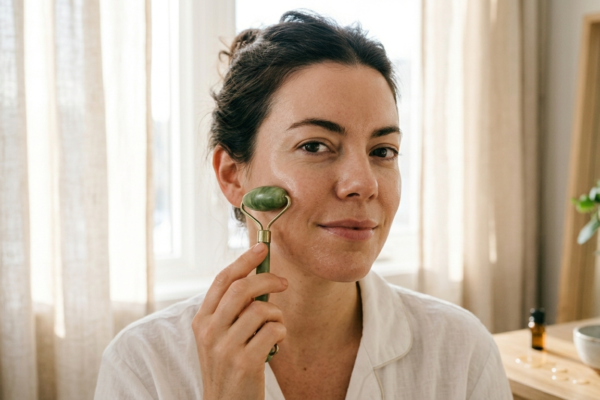 woman gently massaging her glowing face with a green jade roller