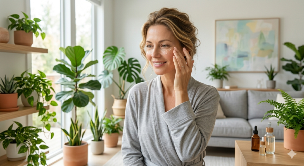 woman gently tapping bright soft pure face,Dark circles