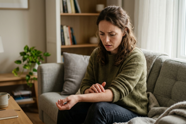 woman gently touching her arm as if feeling a sudden tingling or tiny zap sensation
