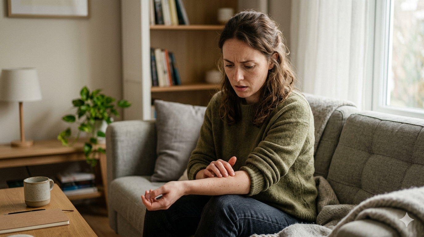 woman gently touching her arm as if feeling a sudden tingling or tiny zap sensation