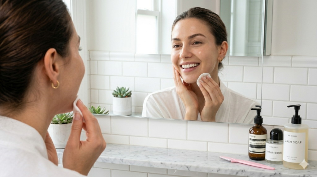 woman happily admiring her smooth at-home dermaplaning