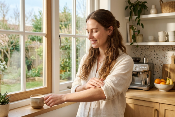 woman holding a small cup of warm coffee,Caffeine and skin