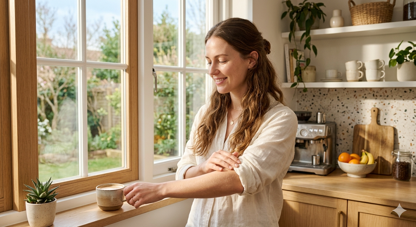 woman holding a small cup of warm coffee,Caffeine and skin