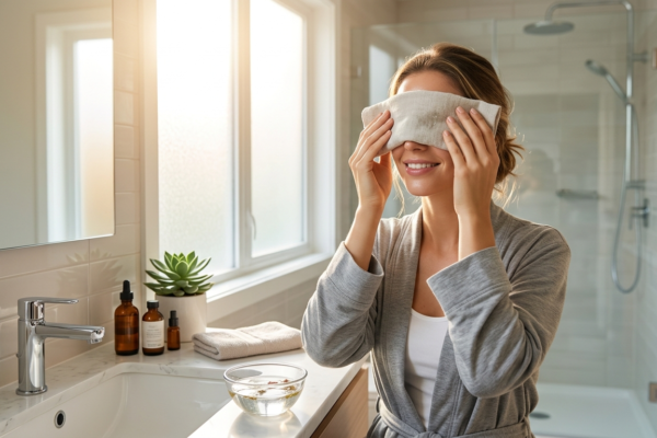 woman holding a soft cold pure water compress over her eyes,Dark circles