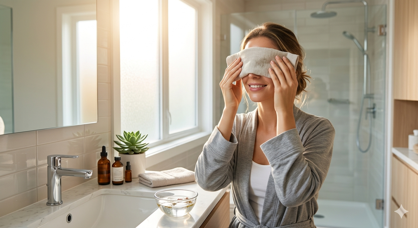 woman holding a soft cold pure water compress over her eyes,Dark circles
