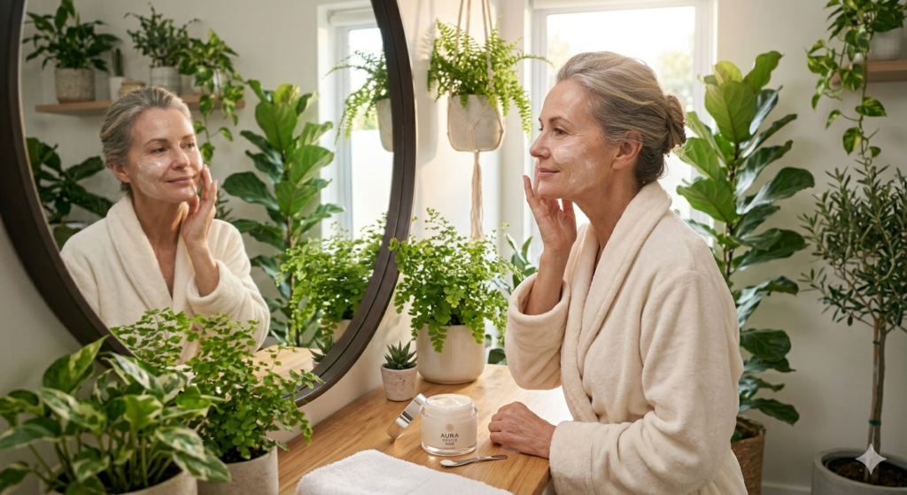 woman looking at a bright clean mirror while applying a soft glowing pure face cream,Weekly skincare routine