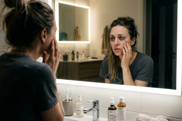 woman looking in a brightly lit modern bathroom mirror